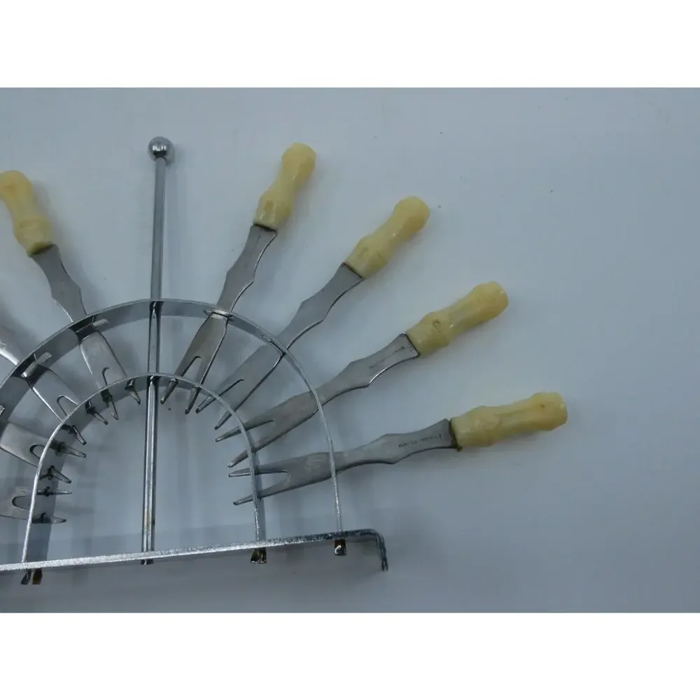 2 Vintage Cocktail Forks Beige Plastic Bamboo Tiki Style & Holder